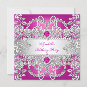 Convites Elegantes Diamantes Rosa Prata Festa de Aniversári