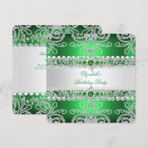 Convites Elegantes Diamantes Verdes Prata Floral Aniversári