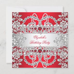 Convites Elegantes Diamantes Vermelhos Prata Floral Festa d