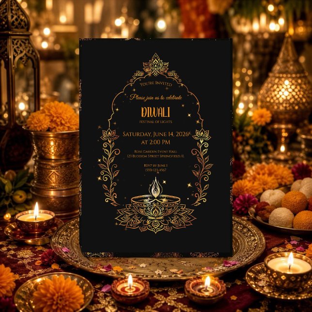 Convites Elegantes Diyas Preto e Dourado Diwali (Criador carregado)