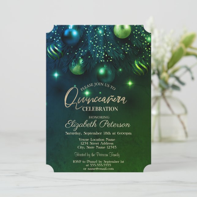 Convites Elegantes Enfeites Sofisticados Verde Quinceañera (Em pé/Frente)