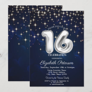 Convites Elegantes Estrelas Prateadas Azul Marinho Sweet 16