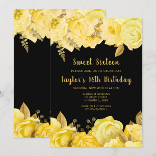 Convites Elegantes Flores Amarelas e Douradas Sweet Sixteen