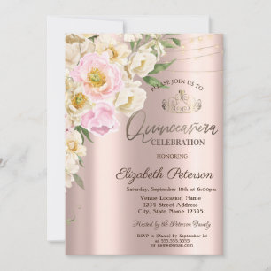 Convites Elegantes Flores Bege Rosa Dourado Quinceañera