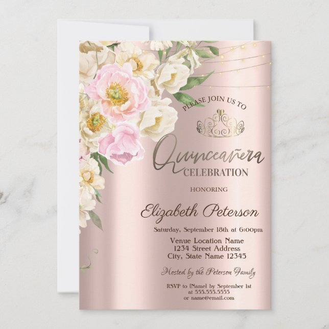 Convites Elegantes Flores Bege Rosa Dourado Quinceañera (Frente)