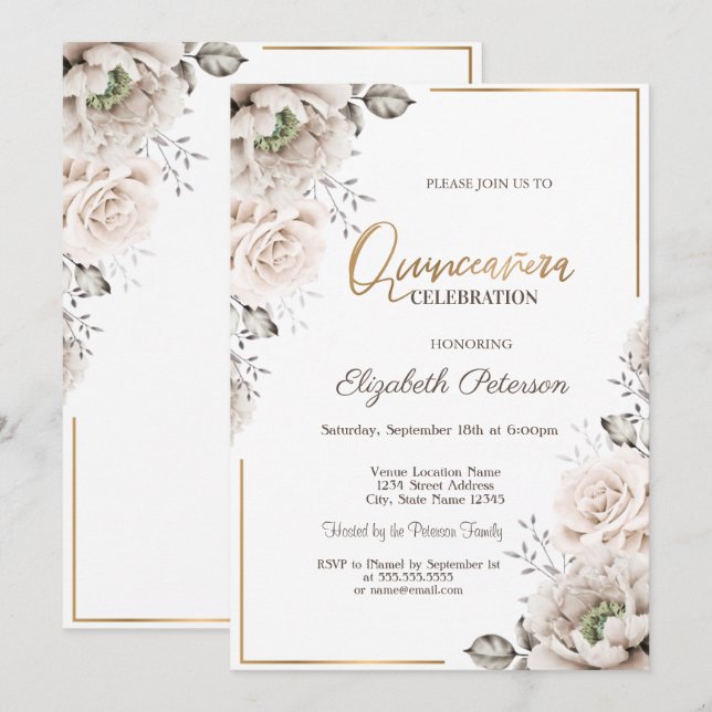 Convites Elegantes Flores Brancas Quinceañera (Frente/Verso)