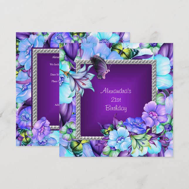 Convites Elegantes Flores de Jóias Roxas Prateadas Aniversá (Frente/Verso)