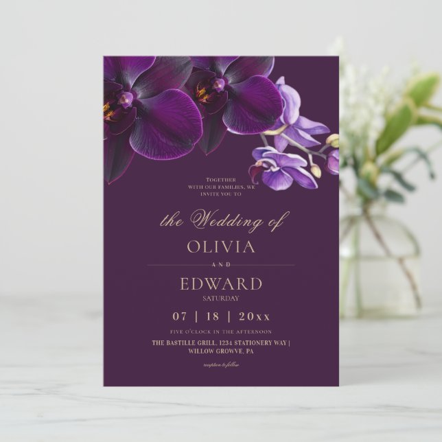 Convites Elegantes Flores de Orquídea Lilás Roxo Casamento  (Em pé/Frente)