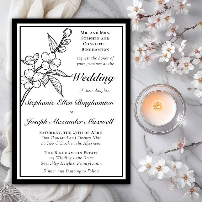 Convites Elegantes Flores de Primavera Preto e Branco Casam (Elegant Line Art Spring Blossoms Floral Formal Wedding Black | White Invitations = Print | DIgital)