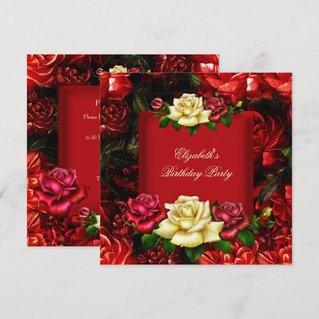 Convites Elegantes Flores Douradas Creme Vermelho Festa de  (Frente/Verso)