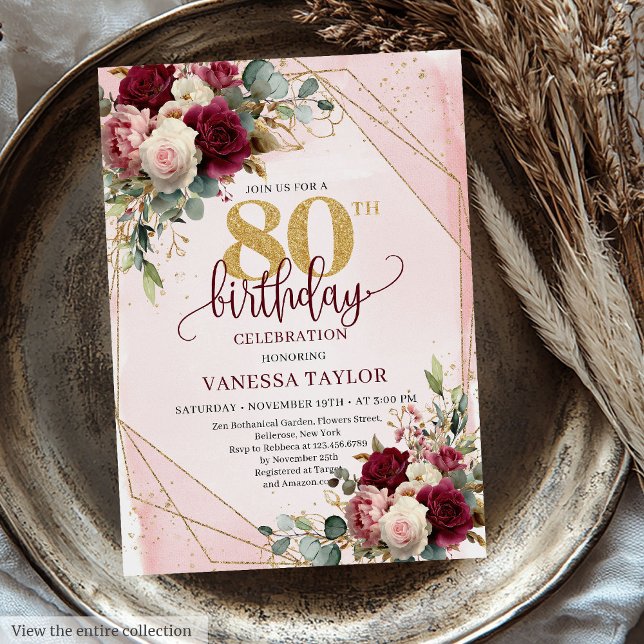 Convites Elegantes Flores Dourado Bege Marsala Aniversário  (Stylish Marsala Blush Gold Flowers 80th Birthday Invitation)
