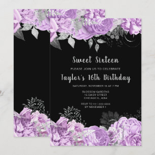 Convites Elegantes Flores Lilás e Prata Sweet Sixteen