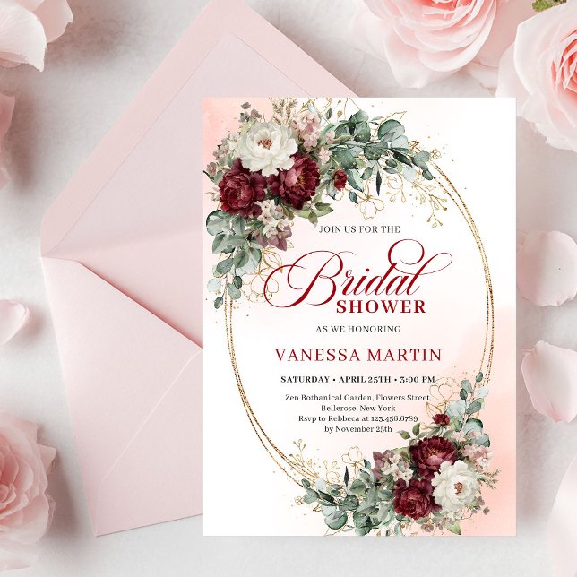 Convites Elegantes Flores Marsala Eucalipto Chá de Noiva (Stylish Marsala Flowers Eucalyptus Bridal Shower

)