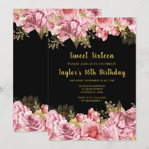 Convites Elegantes Flores Rosa e Dourado Sweet Sixteen