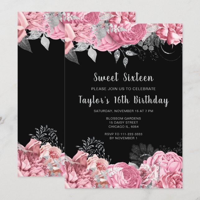 Convites Elegantes Flores Rosa e Prata Sweet Sixteen (Frente/Verso)