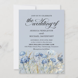 Convites Elegantes Flores Silvestres em Aquarela Azul Poeir
