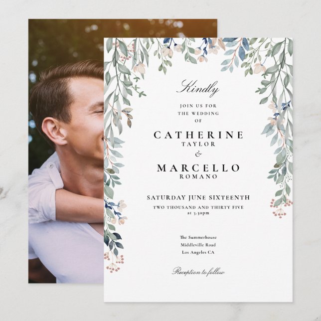 Convites Elegantes Flores Silvestres Foto Floral Casamento (Frente/Verso)