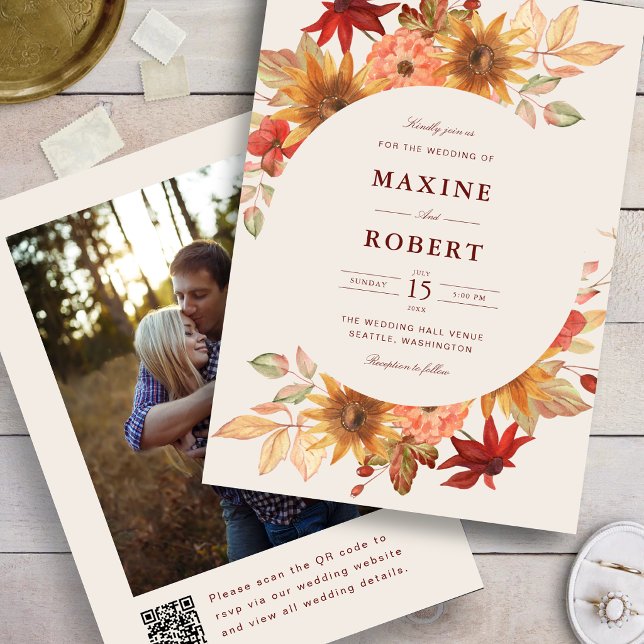 Convites Elegantes Folhas de Outono Código QR Foto Casament (Fall leaves photo wedding invitation adds autumn warmth with a personalized QR code.)