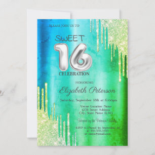 Convites Elegantes Gotas de Brilho Verde Sweet 16