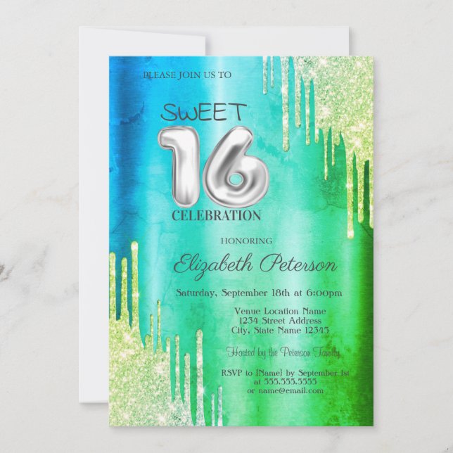 Convites Elegantes Gotas de Brilho Verde Sweet 16 (Frente)