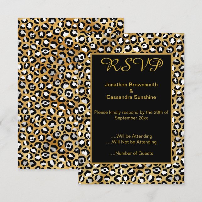 CONVITES ELEGANTES IMPRESSÕES DE LEOPARDO EM PRETO OURO RSV (Frente/Verso)