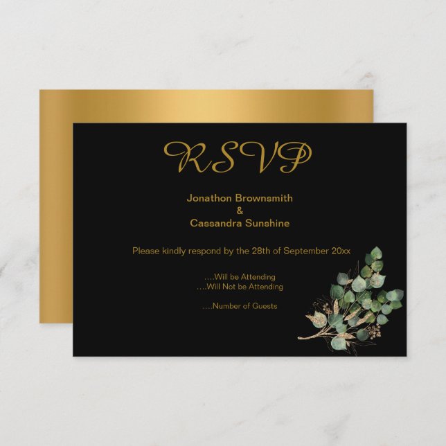 Convites ELEGANTES IMPRESSÕES ORO NATIVE Dourado Preto RSVP (Frente/Verso)