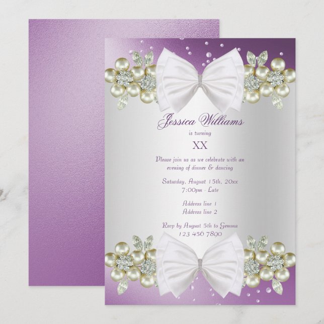 Convites Elegantes Joias & Arco Roxo Aniversário (Frente/Verso)