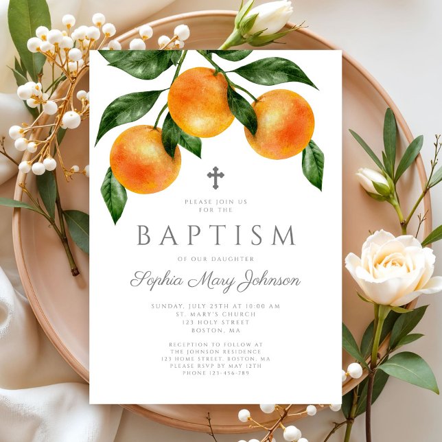 Convites Elegantes Laranjas Botânica Menina Batismo (Elegant Oranges Botanical Girl Baptism Invitation)
