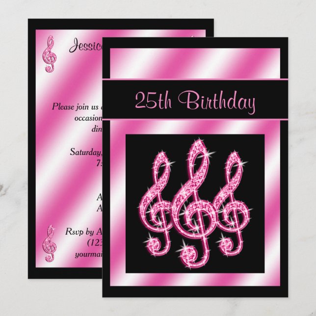 Convites Elegantes, Lindos Cifras de Treble Rosa Aniversári (Frente/Verso)