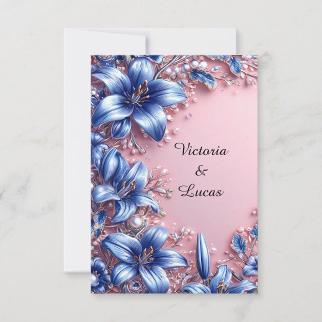 Convites Elegantes Lírios Azuis Pérolas Florais Casamento L (Frente)