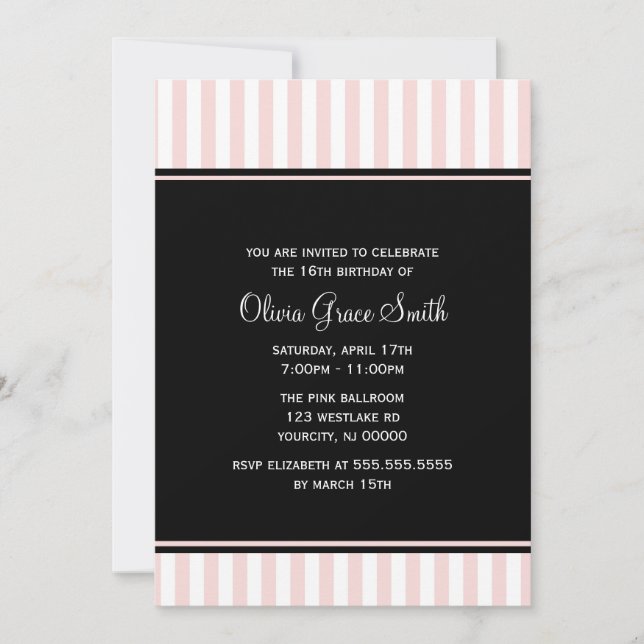 Convites Elegantes Listras Rosa e Branco de Aniversário (Frente)