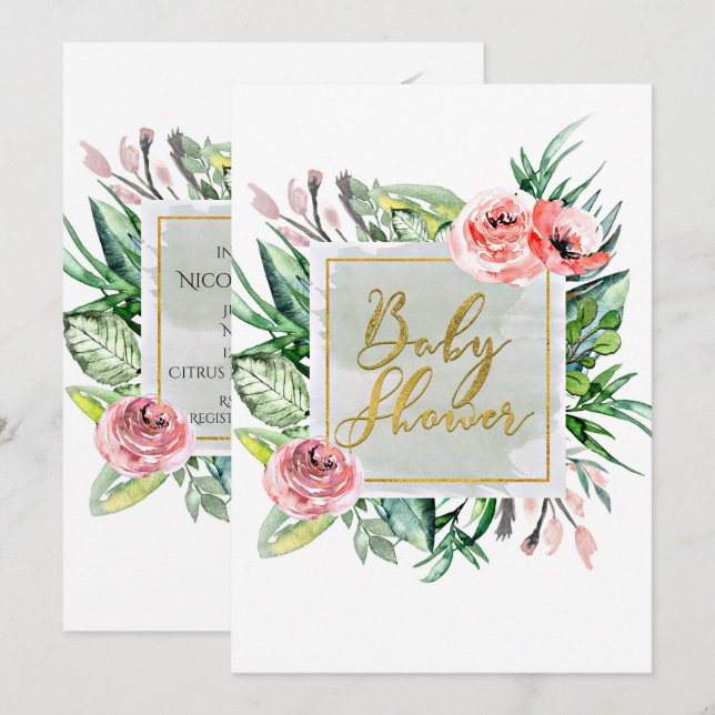 Convites Elegantes Modernos Florais para Chás de B (Frente/Verso)