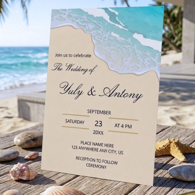 Convites Elegantes Ondas do Oceano Turquesa para Bodas no D (Refreshing Summer Wedding, Sand and Beach, Elegant Style)