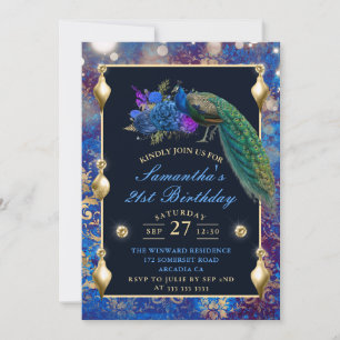 Convites Elegantes ornamentos de pavão azul e dourado de an