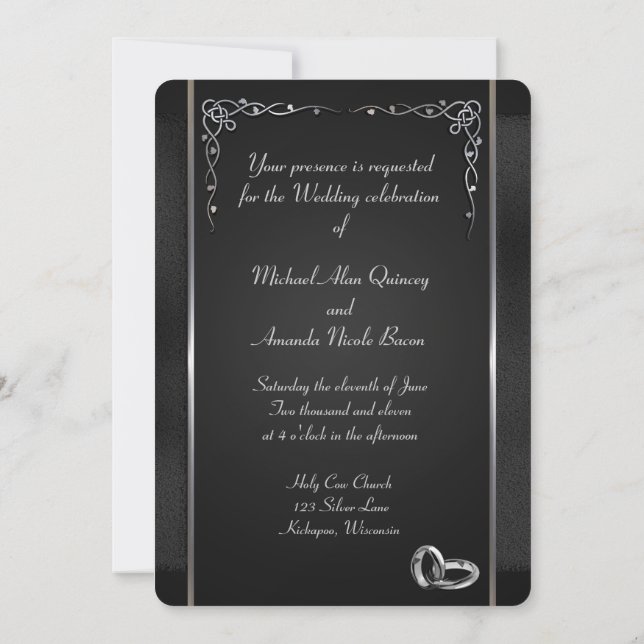 Convites Elegantes para Casamento de Preto e Prata (Verso)