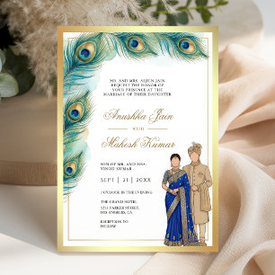 Convites Elegantes Penas de Pavão Casal Indiano Casamento