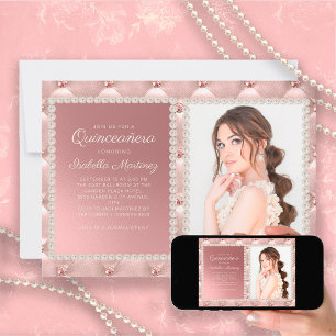 Convites Elegantes Pérolas de Seda Rosa Joias Foto Quinceañ