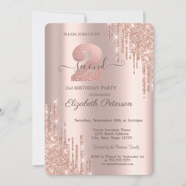 Convites Elegantes Pingos de Brilho Rosa Dourado Aniversári (Frente)
