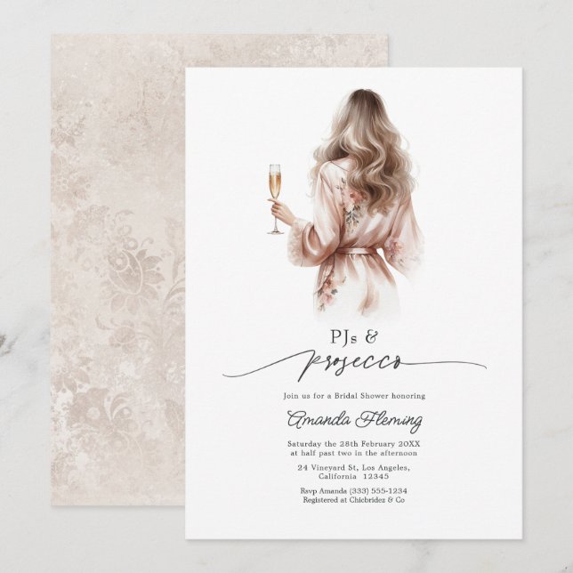 Convites Elegantes PJs & Chá de Noiva Prosecco (Frente/Verso)