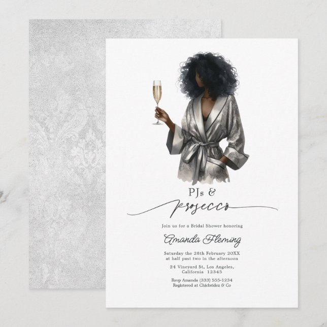Convites Elegantes PJs de Cetim Prata e Brunch de Prosecco  (Frente/Verso)