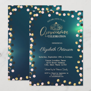 Convites Elegantes Pontos Dourados, Tiara Verde Quinceañera