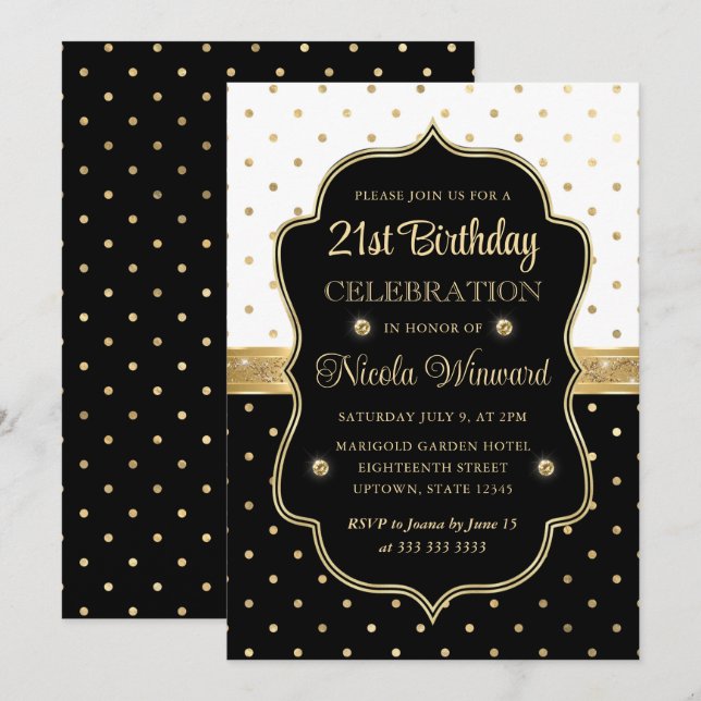 Convites Elegantes Pontos Pretos e Brancos de 21º Aniversár (Frente/Verso)