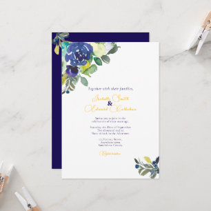 Convites Elegantes Rosas Azul Índigo em Aquarela para Casam