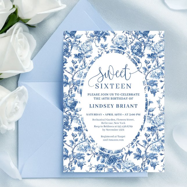 Convites Elegantes Rosas Azul-Marinho Digitais Florais Doce (French toile de jouy flowers,
Luxurious navy roses 16TH birthday,
dusty Blue flowers botanical garde)