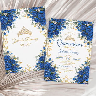 Convites Elegantes Rosas Azul Real Dourado Quinceañera