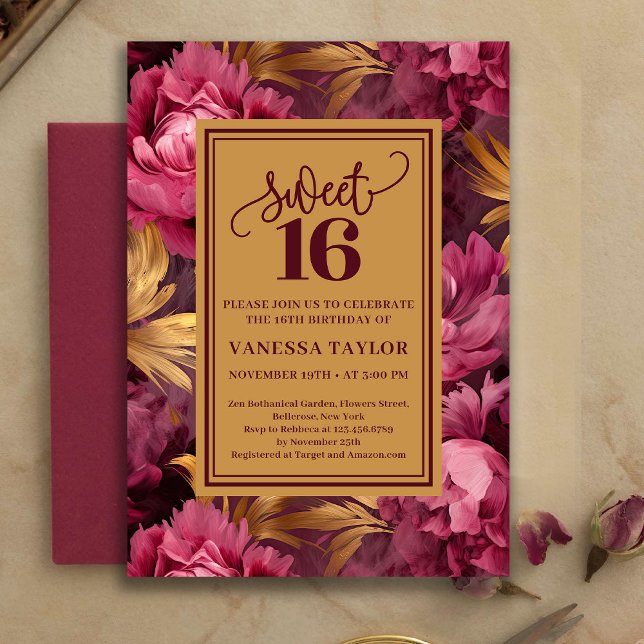 Convites Elegantes Rosas Bege Borgonha Dourado Sweet Sixtee (Stylish Burgundy Blush Roses Gold Sweet Sixteen Invite

)