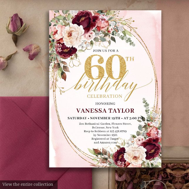 Convites Elegantes Rosas Beije e Borgonha Boho para 60º Ani (Elegant Boho Burgundy Blush Roses 60th Birthday)