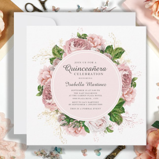 Convites Elegantes Rosas Beijo Rosa Floral Branco Quinceañe (Elegant pink vintage roses Quinceañera invitation)