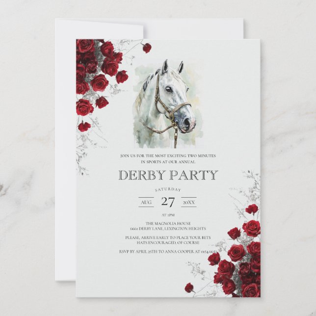 Convites Elegantes Rosas Brancas de Cavalos aquarela Derby  (Frente)
