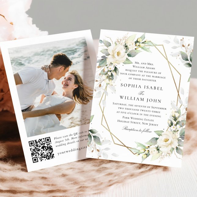 Convites Elegantes Rosas Brancas Pastel Eucalipto Casamento (Criador carregado)